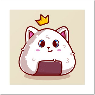 Cute Cat Onigiri With Crown Cartoon Posters and Art